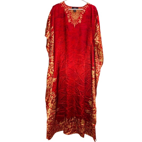 Vintage Midnight Velvet Kaftan Floral Print Caftan Cover Up Dress One Size Red - Picture 4 of 6